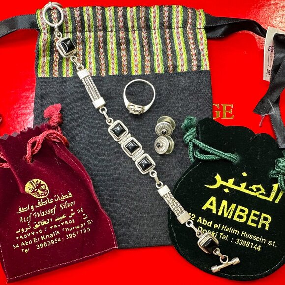 Sterling Silver & Onyx Bracelet + Earrings Set w/ Bonus Ring & Bags - Picture 3 of 15